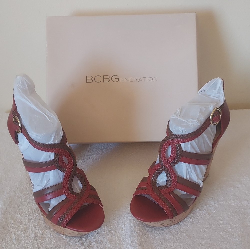 BCBGeneration Red Braided Strappy Wedge Heels